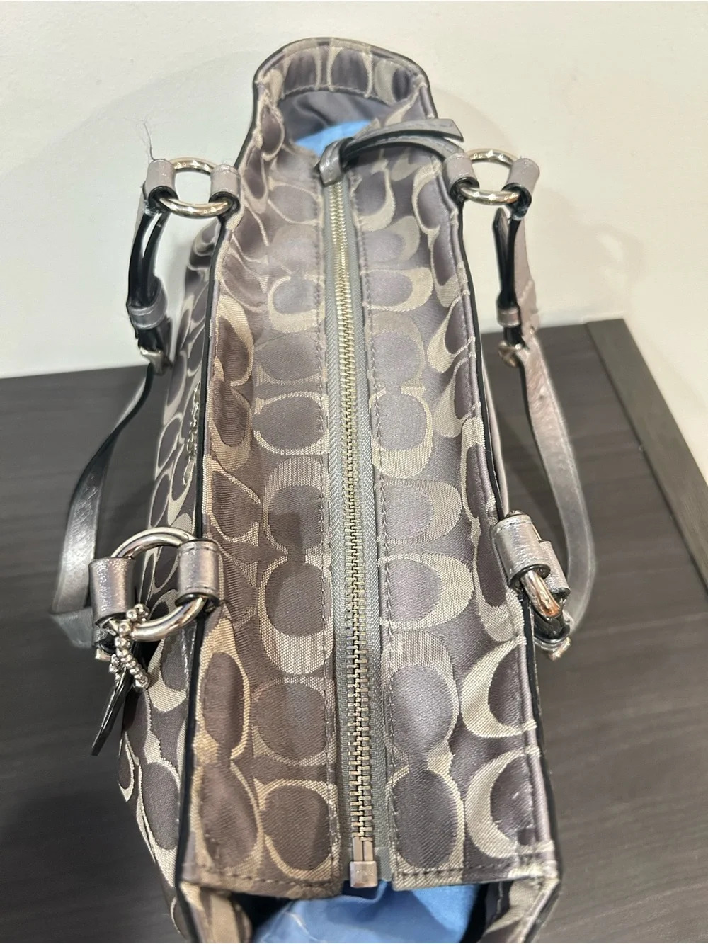 Coach  F17676 Gray Signature Jacquard East West Tote Bag w Metallic Leather Trim